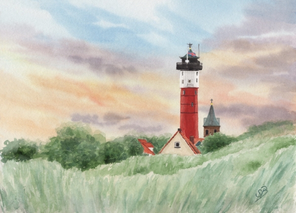 Postkarte DIN-A6 Aquarell Maritim Kunst Druck Kunstdruck Nordsee Alter Leuchtturm Wangerooge - WG1